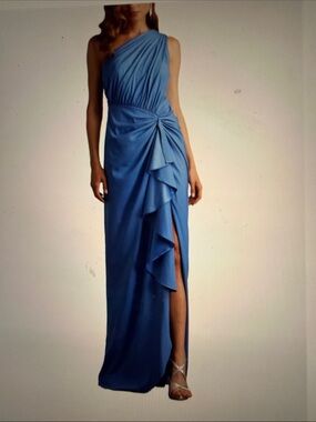 Tadashi Shoji Lena Blue One-Shoulder Draped Gown NWT Size 12
